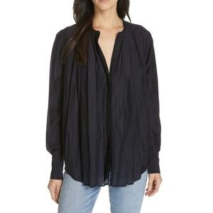 Joie Bibiane Midnight Navy Long Sleeve Pleated Silk Blend Blouse Size S NWOT